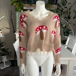 Rue 21 Frayed Mushroom Pattern V Neck knit Sweater - Tan Red white